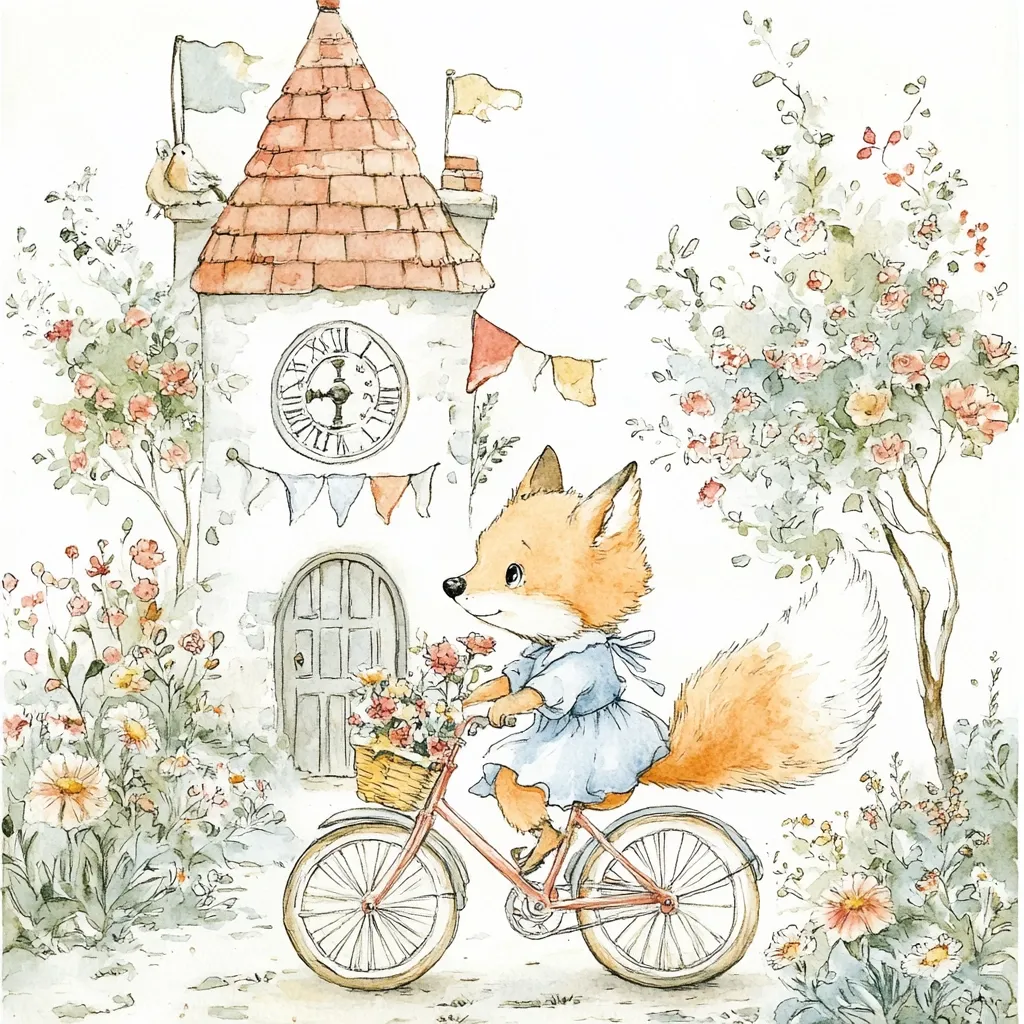 A charming watercolor illustration depicts a fox wearing a blue dress, riding a bicycle with a basket of flowers. The fox is in front of a quaint building with a clock face and a door, surrounded by blooming flowers and trees. The scene is painted in soft, delicate colors and evokes a sense of warmth and tranquility.  The fox's joyful expression and the beautiful natural surroundings create a whimsical and enchanting atmosphere.