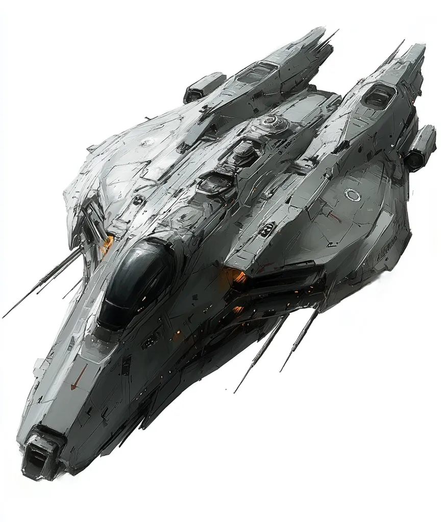 The image depicts a sleek, futuristic spaceship with a grey and black color scheme. The spaceship is angled slightly downwards, with a pointed nose and a variety of protrusions and details. The design suggests a highly advanced technology and a focus on speed and maneuverability. The spaceship appears to be floating in space, with a white background.  The intricate details and the dramatic pose of the spaceship give it a sense of power and grandeur.
