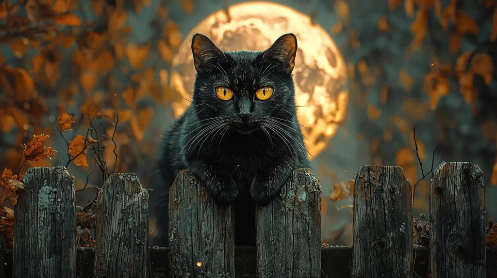 A black cat with bright yellow eyes sits on a weathered wooden fence.  The cat looks directly at the camera, with an air of mystery.  A large, full moon shines brightly behind the cat, casting a soft glow on the scene.  The background is blurred with autumn leaves, suggesting a cool fall evening.