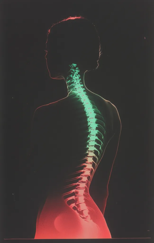 A woman's spine is visible in a silhouette, with a neon green and pink glow highlighting the structure of the bones. The image is set against a black background, creating a stark contrast and emphasizing the anatomical details. The woman's body is turned sideways, showcasing the curve of the spine from neck to hips.
