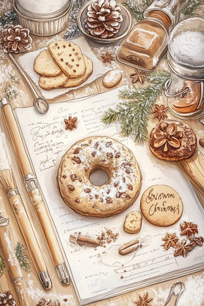 A close-up view of a baking scene. A recipe with handwritten notes for "Christmas & Christmas" is laid out on a table with ingredients like cinnamon sticks, star anise, flour, and a powdered sugar-dusted donut alongside a stack of cookies, a bowl of pine cones, and a glass jar of sugar.  The image is painted in a warm and inviting style, suggesting a cozy Christmas baking experience.