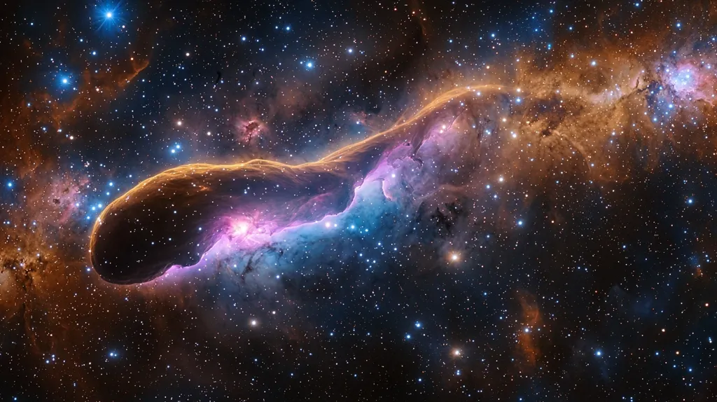 The image shows a nebula, a cloud of gas and dust in space, in the shape of a long, thin, dark shape. The nebula is illuminated by stars, creating a beautiful and colorful display. The background is filled with countless stars, creating a sense of vastness and wonder. The colors of the nebula are a mix of orange, pink, and blue, giving it a unique and beautiful appearance. The image is a reminder of the incredible beauty and diversity of the universe.