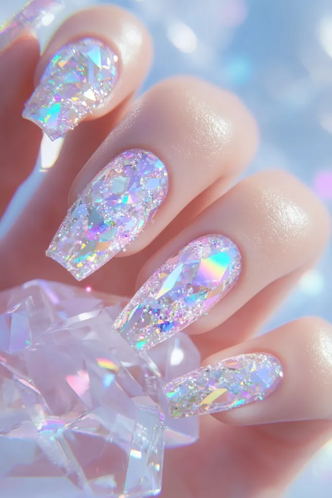 The image shows a close-up of a hand with long, manicured nails. Each nail is covered in a shimmering, iridescent glitter polish that catches the light. The nails are resting on a clear, crystal-like object, creating a dreamy, ethereal effect.  The overall tone of the image is soft, delicate, and feminine.