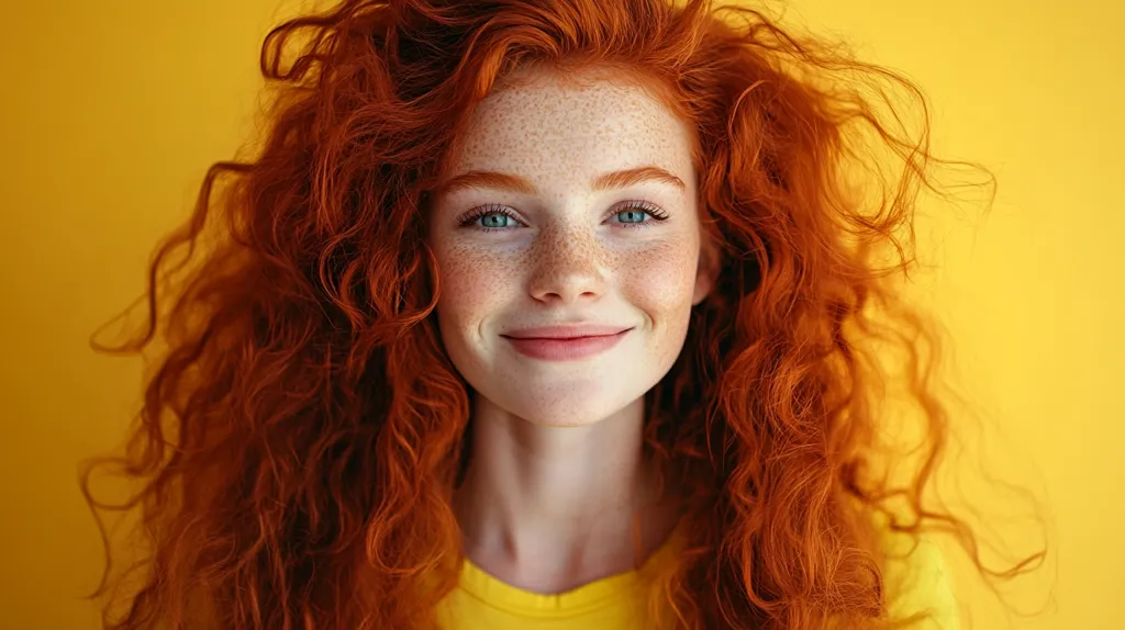 A young woman with long, curly red hair smiles softly at the camera. Her freckled face and blue eyes are framed by her vibrant hair, and she is wearing a yellow shirt. The background is a bright, sunny yellow. The image is full of warmth and natural beauty.