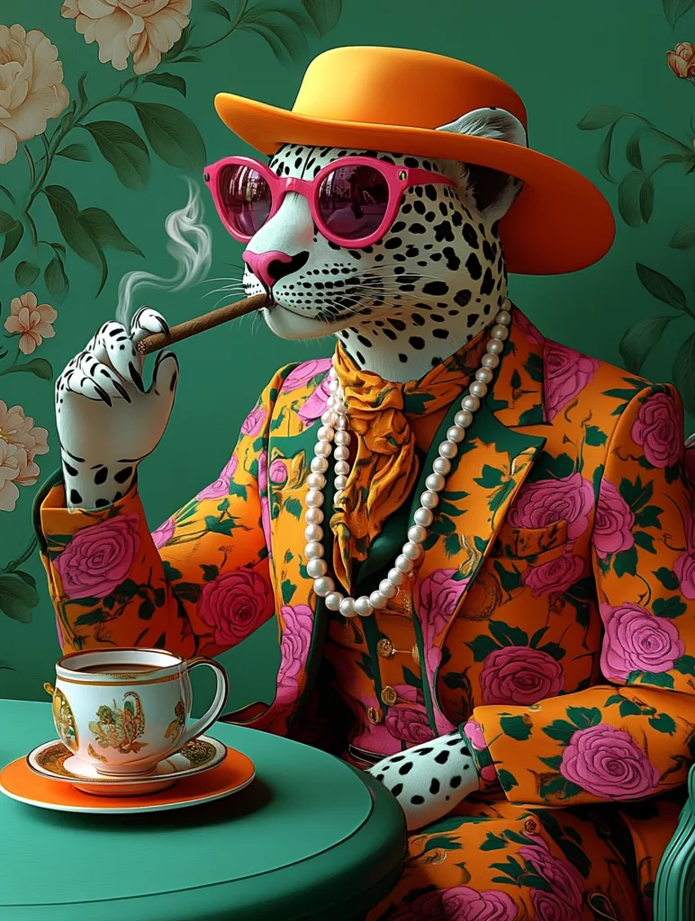 A leopard wearing a bright orange floral suit, a large orange hat and pink sunglasses is sitting at a green table, smoking a cigar and holding a teacup in its paw. It has a pearl necklace and a matching scarf. It is sitting against a background of green leaves and white flowers.  The image is a whimsical and stylish portrait of an animal dressed in human clothing.