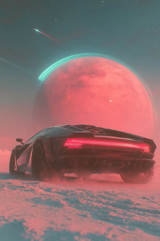 A black sports car drives across a snow-covered landscape, leaving a trail of snow behind it. In the background, a large, red planet with a turquoise ring around it hangs in the sky. The scene is illuminated by a faint, pink light, giving it a futuristic and otherworldly feel.  The car's red taillights add to the dramatic effect.
