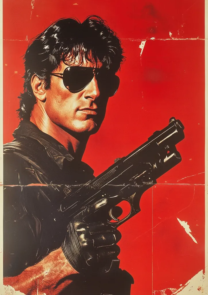 A man with short dark hair, wearing sunglasses, holds a gun in his right hand. He is wearing a dark jacket. The background is red with visible wear and tear. The man's expression is serious, with a determined look in his eyes. The image suggests a scene of action or danger.