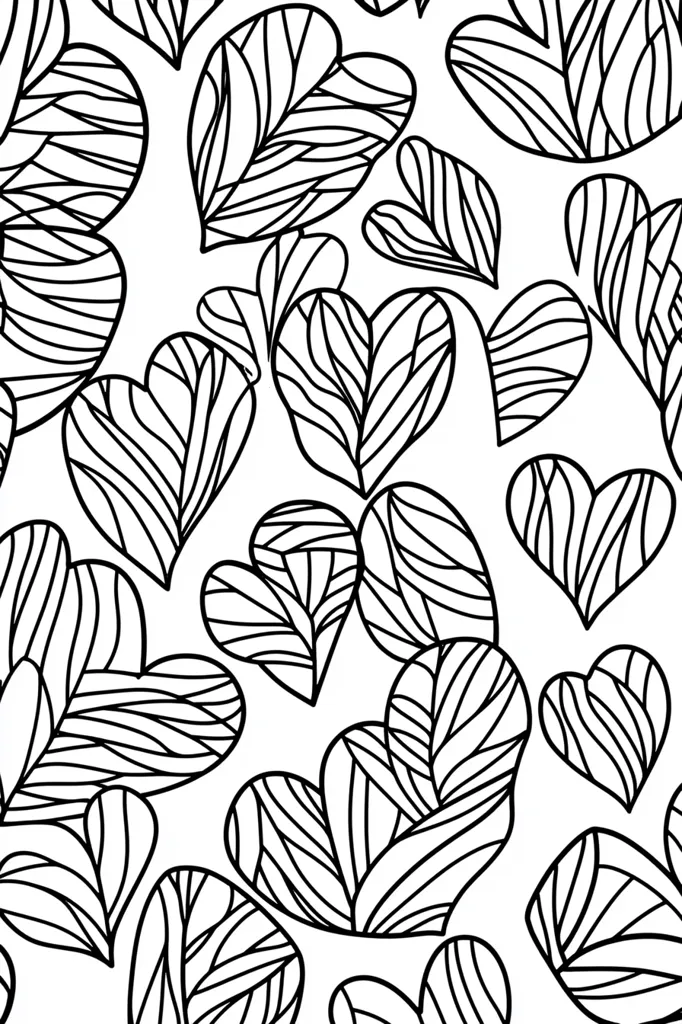 The image is a black and white pattern of intricately detailed hearts. The hearts are overlapping and layered, creating a sense of depth and movement. The intricate lines and curves within each heart suggest a sense of complexity and beauty. The white background emphasizes the black lines, creating a strong contrast and a visually striking pattern. The overall effect is one of romanticism and delicate beauty.