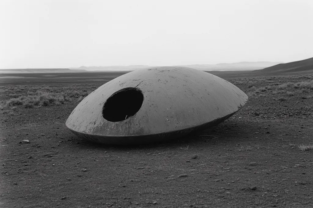 A large, metallic, dome-shaped object rests on a desolate, barren landscape. The object is weathered and appears to have a large, circular opening on its side. The ground is covered in small stones and the sky is overcast. The scene is both intriguing and mysterious, leaving the viewer to wonder about the object's origins and purpose.