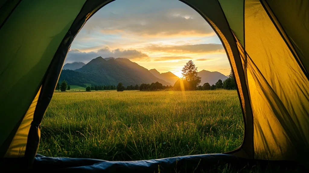 A view from inside a tent shows a serene sunset over a field of grass. The sun is setting behind a mountain range, casting a golden glow over the landscape. The tent's yellow and green canvas provides a cozy frame for the idyllic scene. The image evokes a sense of peace and tranquility.