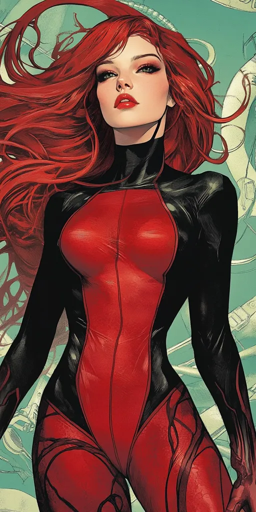 A woman with long red hair, wearing a red and black suit, stands against a blue and green background. She has a determined expression and a strong physique. Her hair flows behind her, creating a dramatic effect. The suit is form-fitting and highlights her curves. The overall image is one of power and confidence.