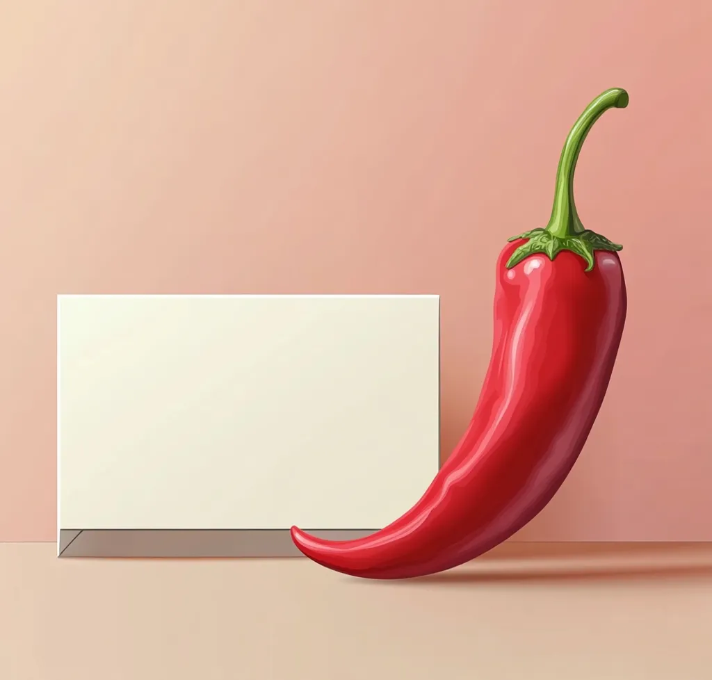 A bright red chili pepper with a green stem sits on a peach-colored surface, partially resting on a blank white card. The chili pepper is slightly curved, with its tip pointing towards the left of the frame. The background is a solid pink color. The image has a clean, minimalist aesthetic.