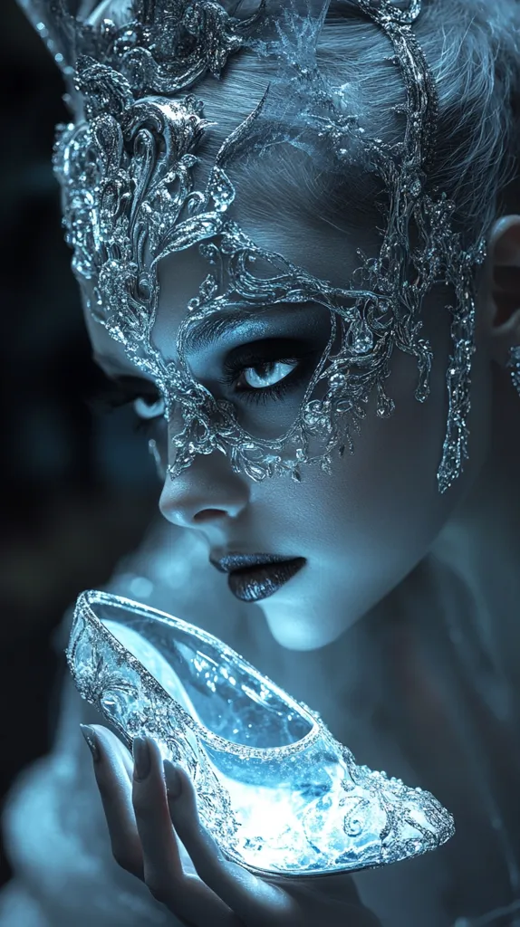 A woman with a silver mask and dark eye makeup holds a glass slipper in her hand, its surface covered in intricate patterns. She looks away from the camera with a mysterious expression. The image has a cool, ethereal tone, evoking a sense of fantasy and magic.