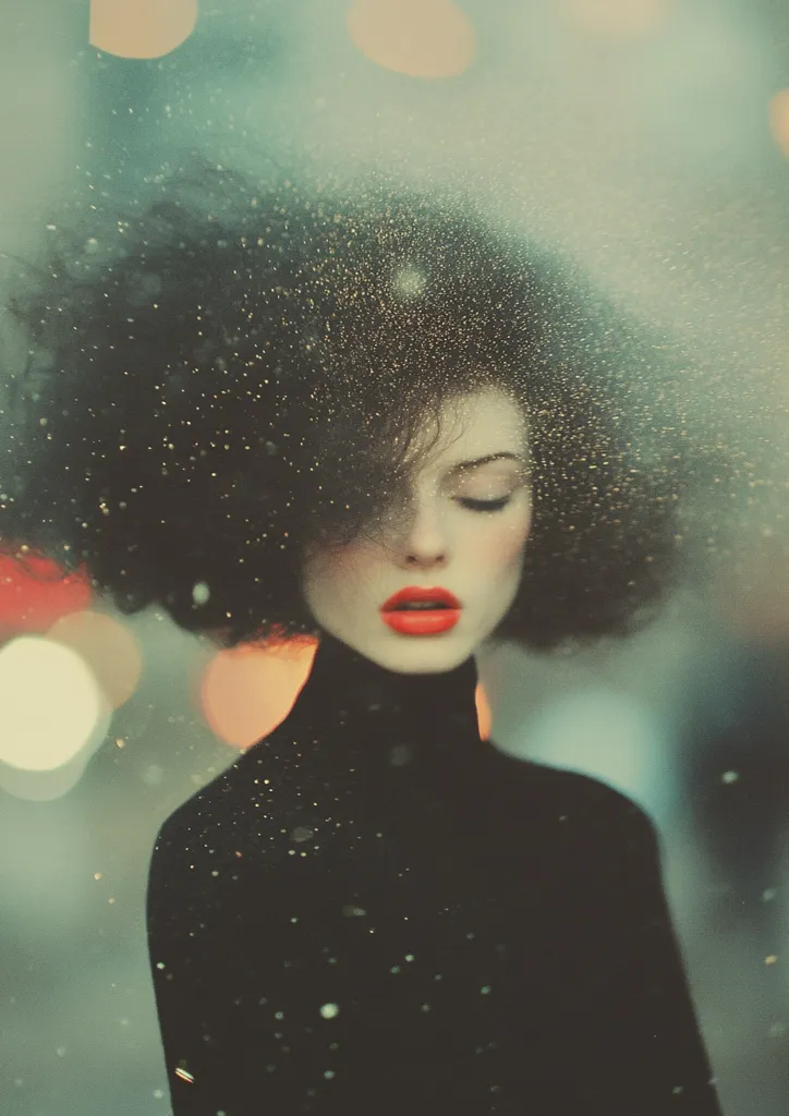 A woman with long, dark hair stands in front of a blurred background of lights. Her eyes are closed, and her lips are painted a bright red. The image has a dreamy, ethereal quality, with a soft focus and a hint of glitter throughout.  She is wearing a black turtleneck sweater. The image evokes a sense of mystery and quiet beauty.