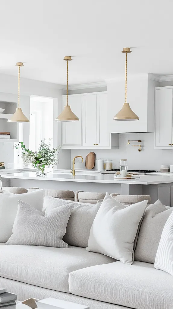 A white sofa with plush pillows sits in the foreground, facing a white kitchen with white cabinets and a white countertop. Three gold pendant lights hang above the kitchen island. A bouquet of white flowers sits on the countertop. The kitchen is bright and airy with a clean and modern design.