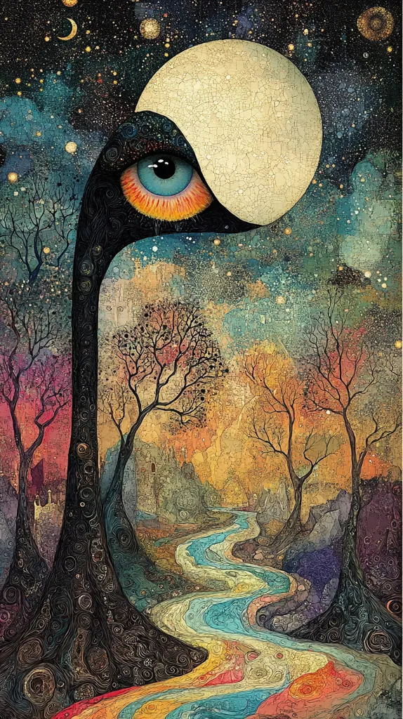 A large, abstract eye peeks out from behind a moon, set against a starry night sky. The landscape below features winding rivers and trees, their branches reaching towards the sky. The scene is painted in a whimsical style, blending realism with fantasy.  The colors are rich and vibrant, creating a sense of wonder and mystery.  The painting is full of details and hidden elements, inviting the viewer to explore its depths.