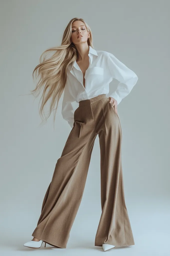 A young woman with long blonde hair is wearing a white oversized shirt and wide-legged brown trousers. She stands with one hand in her pocket, looking at the camera with a confident expression. The image is shot against a plain grey backdrop, highlighting the simple elegance of her outfit.