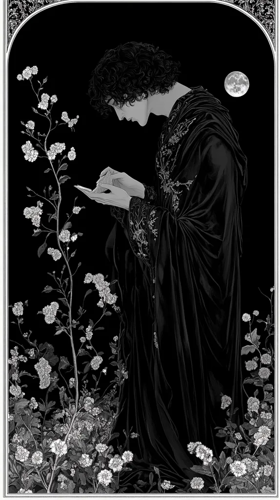 A woman dressed in a long, black gown stands in a dark garden. She is looking down at something in her hand, her face obscured by her long, dark hair. The only light comes from a small, full moon hanging in the sky, casting a soft glow on the delicate flowers that surround her.  The overall tone of the image is one of mystery and intrigue.