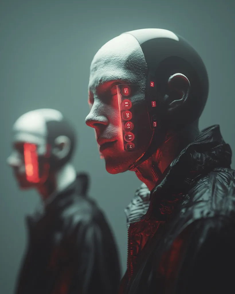Two figures stand side-by-side in a dimly lit room, their faces illuminated by a red glow emanating from the side of their heads. The figures are dressed in dark, futuristic clothing, hinting at a sci-fi or cyberpunk setting. The focus is on the figure on the right, who has a series of glowing red buttons running vertically down their face. Their expression is stoic and slightly menacing. The second figure is partially obscured, their face less detailed and their expression more ambiguous. The image evokes a sense of mystery and intrigue, leaving the viewer to wonder about the nature of these figures and their story.