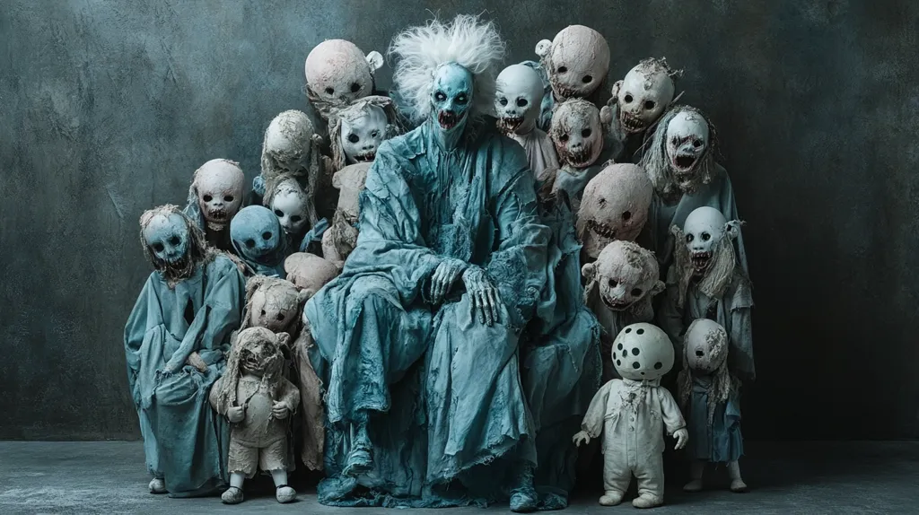 A horrifying scene of a group of raggedy dolls, their faces contorted in grotesque smiles. A larger, central figure, with a pale face and wild hair, sits on a throne, surrounded by the dolls, creating a chilling tableau of eerie and disturbing imagery. The dolls are all dressed in faded blue and white clothing, and their eyes are blank and unsettling, adding to the overall creepy atmosphere.