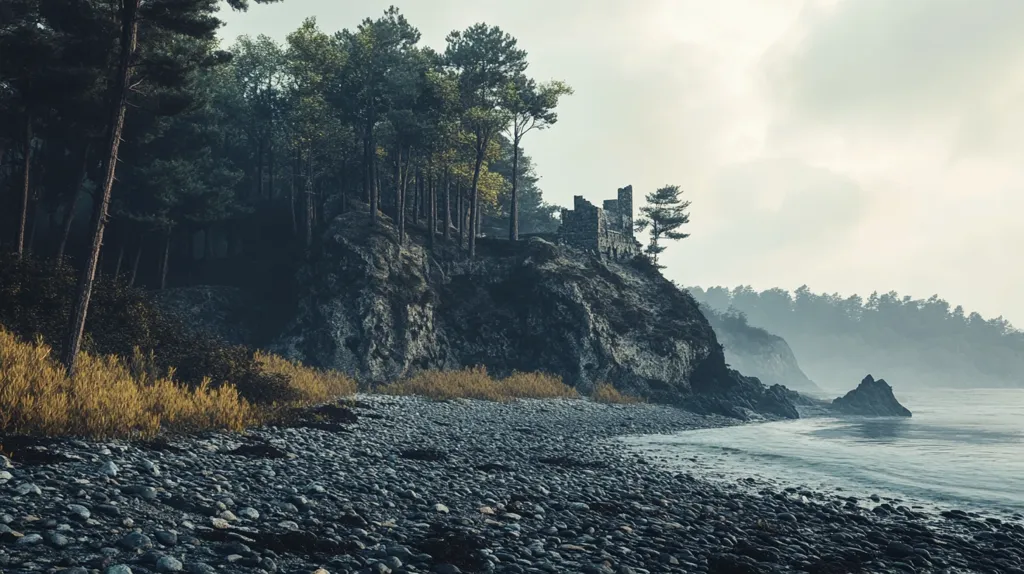 A rocky beach stretches out from a dark, forested cliff. A ruined stone structure sits atop the cliff, overlooking the misty ocean. The trees stand tall and dark against the light sky, casting long shadows. The air seems still and quiet, with a sense of mystery and solitude.  The scene is both beautiful and foreboding.