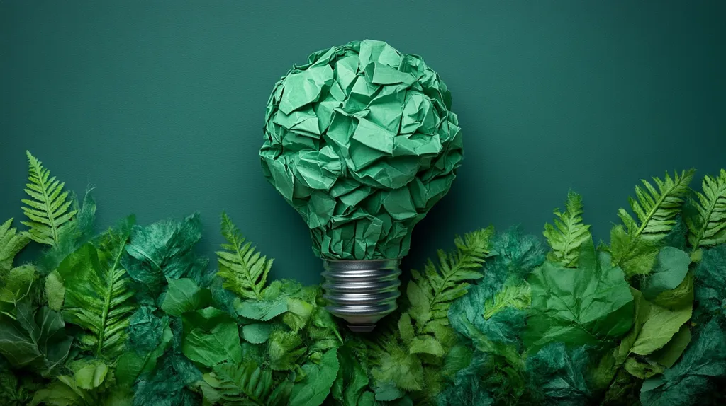 A crumpled green light bulb, representing a green idea, sits atop a bed of lush green foliage. The vibrant green color and the organic texture of the bulb and the leaves create a sense of nature and environmental consciousness. The image suggests a focus on sustainable and eco-friendly solutions.