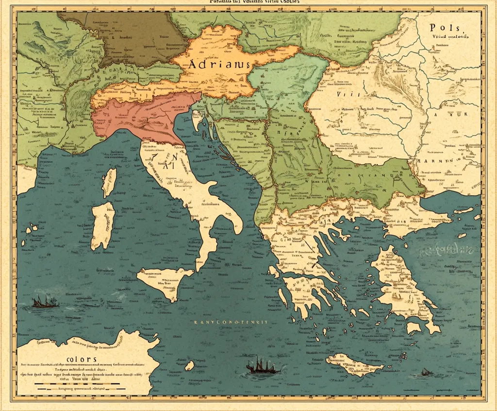 This is a vintage map of the Adriatic Sea and surrounding regions. It shows the land divisions of the Adriatic Sea and the surrounding Balkan and Italian areas. The map is color coded with different colors for different regions, such as green for the land mass, blue for the sea, yellow for the Adriatic region, and red for the eastern border of the Adriatic Sea. It has a title in Latin at the top, which translates to "Palatinate of the Adriatic Sea," and there is a small legend at the bottom that explains the color coding and different regions. The map is decorated with various illustrations, including a ship, a sailboat, and some small islands.