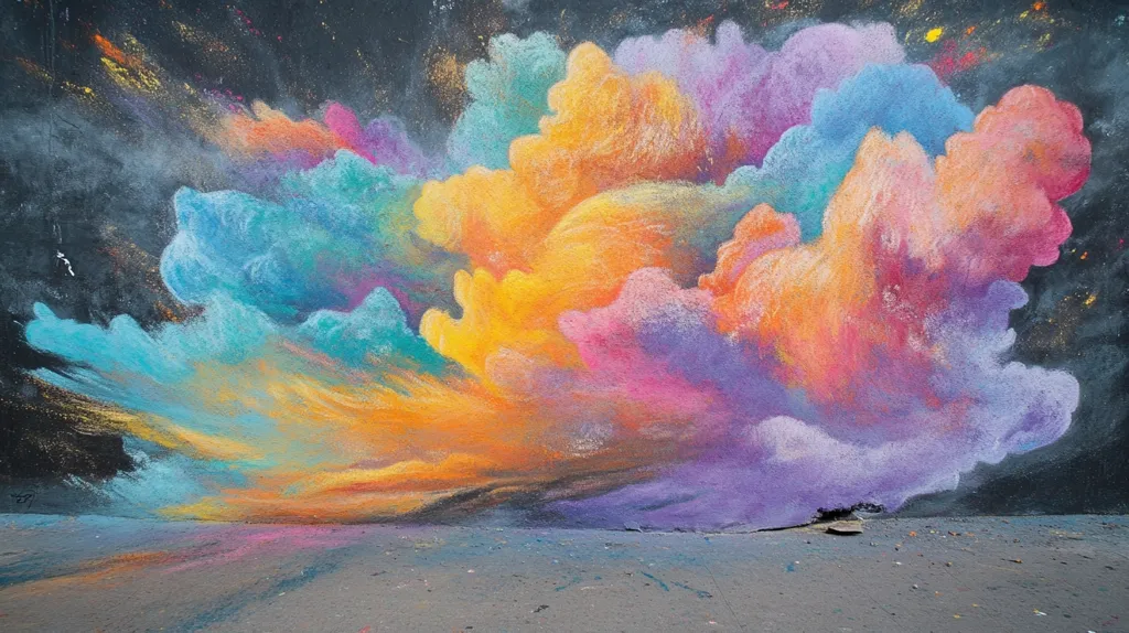 A vibrant, abstract painting depicting a cloud-like formation against a dark background. The clouds are rendered in shades of blue, yellow, orange, pink, and purple, creating a sense of movement and energy. The colors are blended and layered, giving the artwork a textured and ethereal quality. The composition is balanced, with the clouds filling the upper portion of the canvas and the lower portion providing a sense of ground. The artwork conveys a feeling of dreams, imagination, and the beauty of nature.