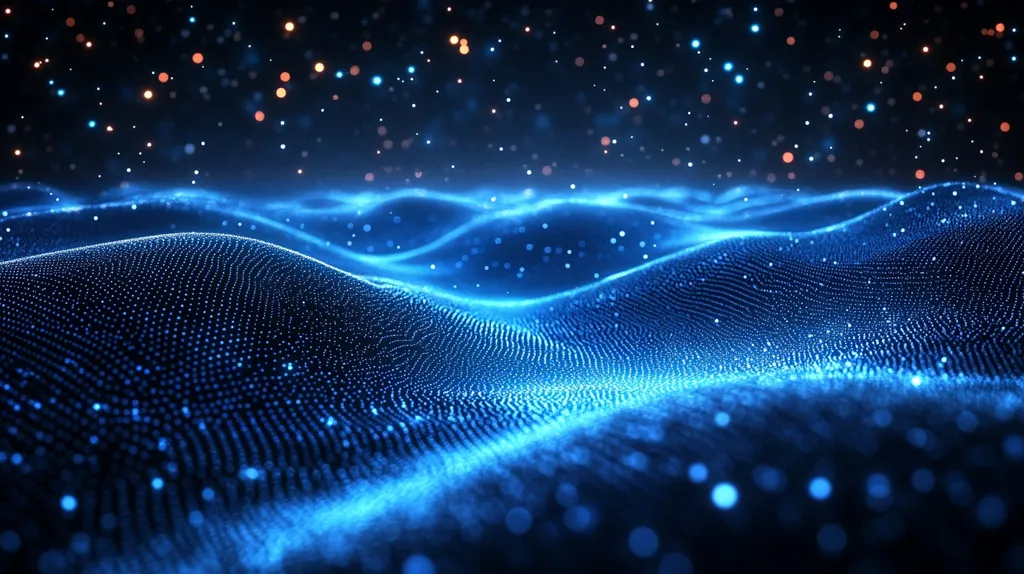 The image shows a digital landscape rendered as a blue, undulating surface with a grid-like pattern. The surface is dotted with tiny lights that glow softly, while a few bright lights are scattered throughout the dark background. It has an abstract, almost futuristic feel.