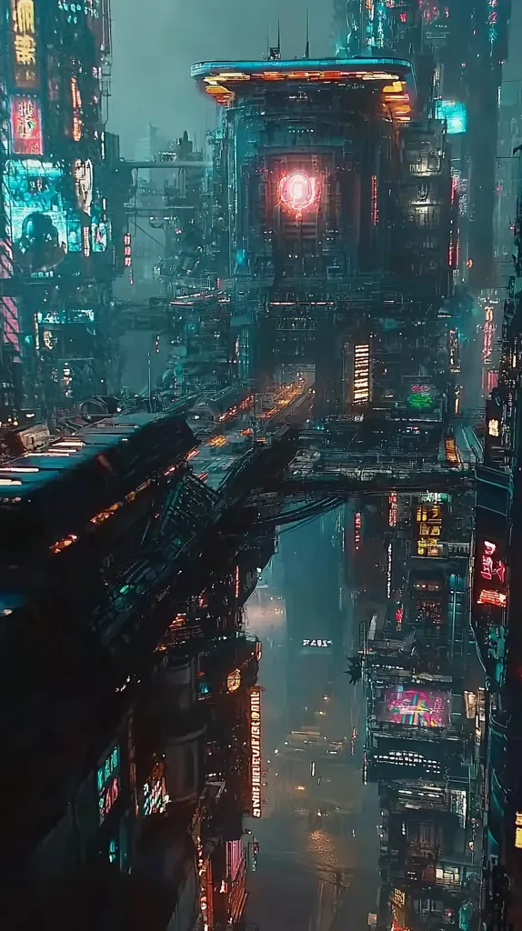 The image shows a futuristic cityscape with towering buildings that seem to be interconnected by bridges and walkways. The city is awash in neon lights, creating a vibrant and chaotic atmosphere. The image evokes a sense of cyberpunk, with its blend of technology and urban decay. The composition is dynamic, with the viewer looking up at the towering structures. The overall impression is one of a densely populated and technologically advanced city that is both mesmerizing and unsettling.
