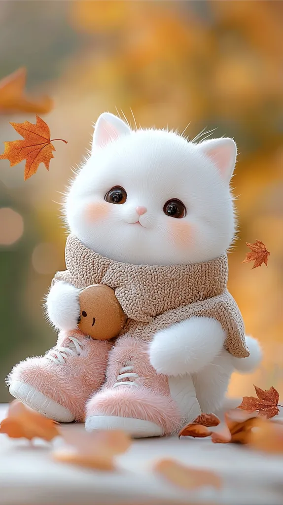 A white, fluffy cat with big brown eyes and a sweet expression wears a brown knitted scarf and pink furry boots. The cat holds a small teddy bear in its paws. The backdrop features blurry autumn leaves in warm tones. The image captures the cuteness and innocence of a cat in a cozy autumn setting.