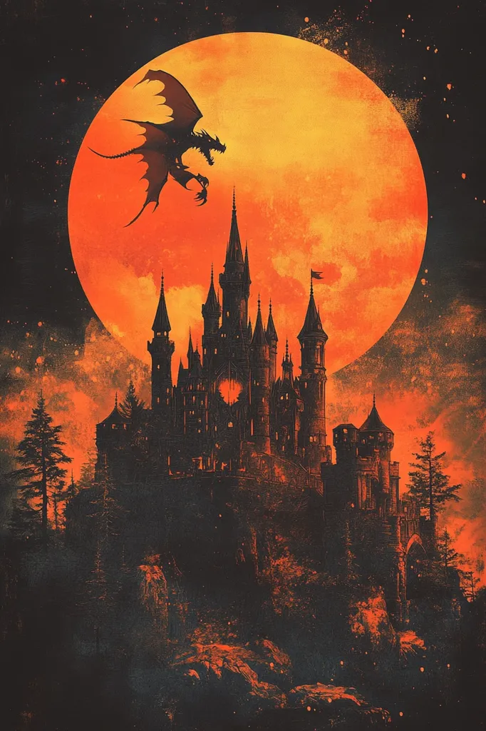 The image depicts a dark, imposing castle silhouetted against a fiery orange moon. A menacing dragon flies towards the castle, its wings spread wide. The sky is a vibrant orange, dotted with stars, creating a dramatic and otherworldly atmosphere.  The castle appears to be built on a rocky hill, with a dense forest surrounding it.  The image evokes a sense of mystery and danger, suggesting a tale of ancient magic and powerful creatures.
