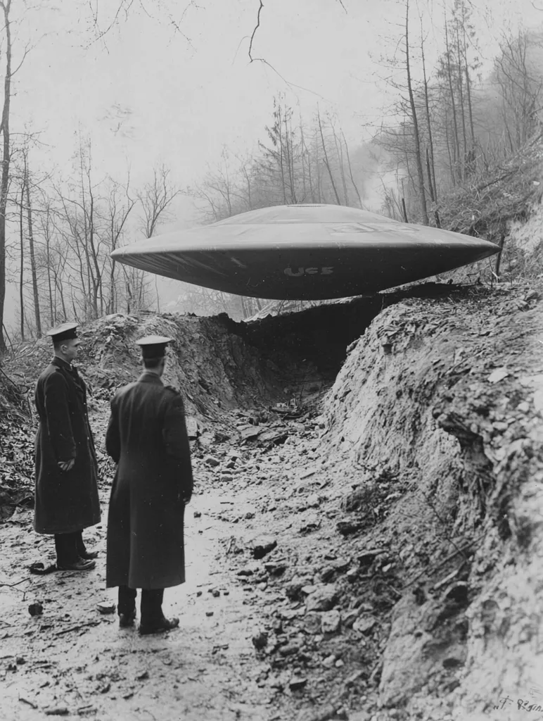 Two men in long coats stand in a rocky, wooded area, looking up at a large, round, flat object hovering above them. The object appears to be a large, blimp-like aircraft. The men are silhouetted against the object, and the scene is stark and dramatic. The image is reminiscent of a scene from a science fiction movie, and it evokes a sense of mystery and wonder.