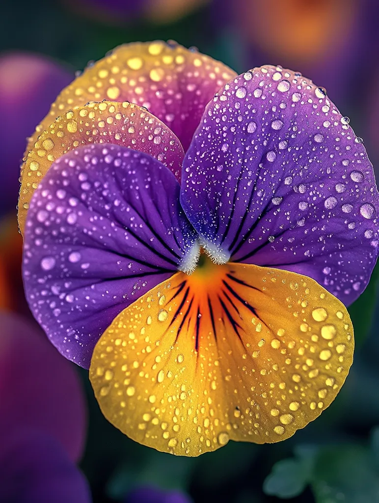 A close-up of a single pansy with purple and yellow petals, covered in water droplets. The flower's center is a vibrant orange with dark veins. The background is blurry, suggesting a garden setting. The photo is taken in a way to showcase the intricate details of the flower and the water droplets.