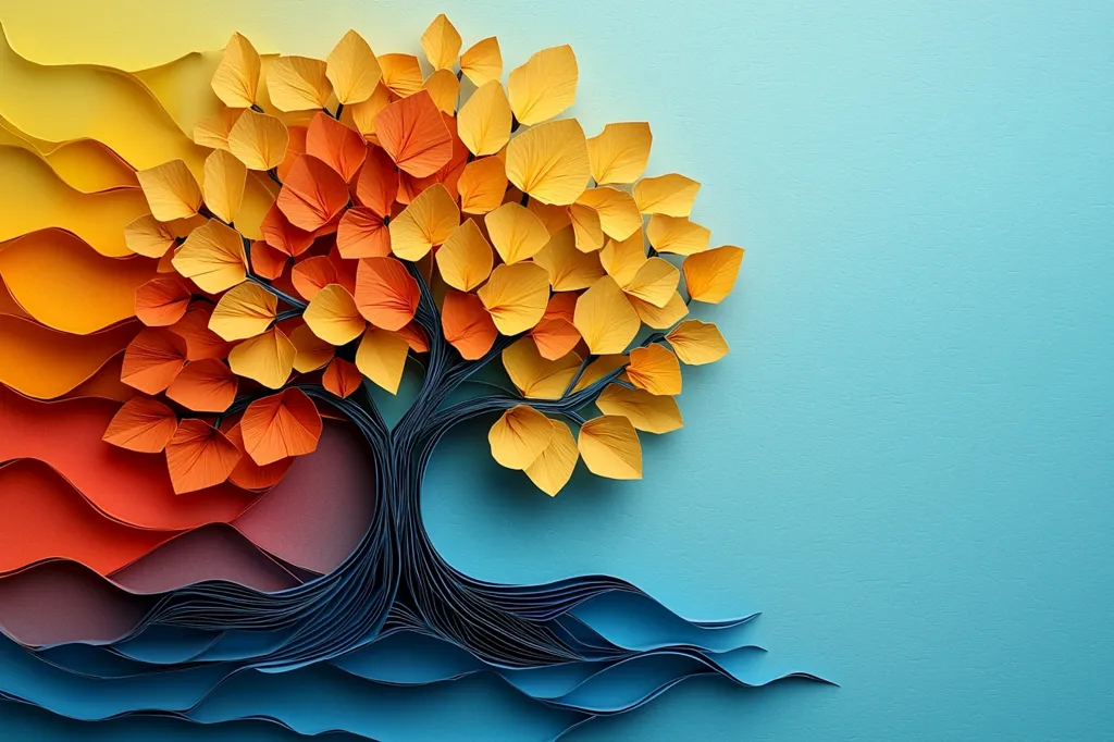 A paper art piece depicting a tree with orange and yellow leaves, its roots growing into wavy, blue water. The background is a gradient of yellow, orange, red, purple, and blue, creating a sense of depth and movement. The intricate details and vibrant colors showcase the artist's skill and creativity. The composition is balanced, drawing the viewer's eye towards the center of the tree.