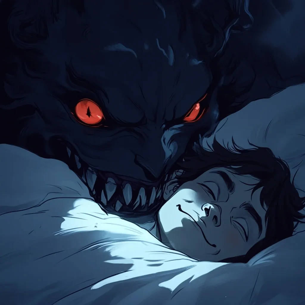 The image depicts a young person sleeping soundly in a bed, seemingly unaware of a monstrous creature with glowing red eyes lurking over them. The creature's menacing grin and sharp teeth contrast starkly with the peaceful slumber of the child, creating an unsettling juxtaposition. The dark tones and shadows heighten the sense of danger and vulnerability. The image evokes a sense of unease and mystery, suggesting a hidden threat or a dark secret lurking beneath the surface of innocence.