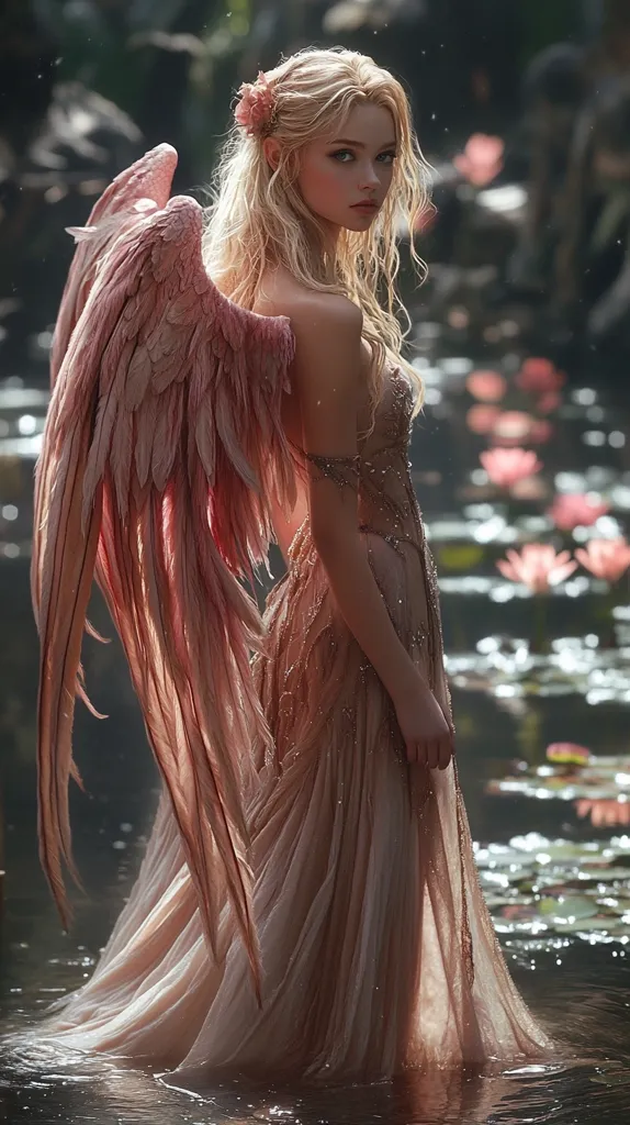 A woman with long blonde hair and a pink flower in her hair stands in a shallow body of water. She is wearing a long, flowing gown and large feathery wings. She is looking over her shoulder with a soft smile. The water is calm and reflects the sunlight.  The scene appears magical and ethereal.