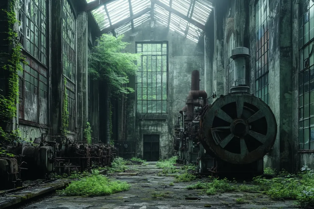 The image shows an abandoned factory, overgrown with foliage. Sunlight streams through the glass roof, illuminating dust motes dancing in the air. A large, rusted engine sits in the middle of the frame, its blades shrouded in shadow. Vines climb the walls, blurring the line between nature and decay. The once-bustling factory is now a silent monument to industry's past, reclaimed by nature's relentless embrace.
