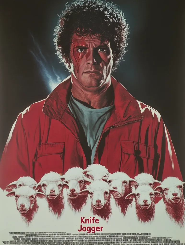 The poster features a man with a red scar on his face, wearing a red jacket, looking directly at the viewer. He is surrounded by a group of white sheep. The title "Knife Jogger" is written at the bottom. The poster is for a movie with a dark and mysterious tone, suggesting a thriller or horror film.