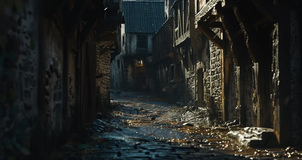 A narrow, cobblestone alleyway winds through a medieval town. The buildings are old and worn, with crumbling stone walls and wooden beams. The alley is dark and shadowy, with only a few rays of sunlight breaking through the gaps in the buildings. The ground is wet and glistening, suggesting it has recently rained. The scene creates a sense of mystery and intrigue, inviting the viewer to explore further.