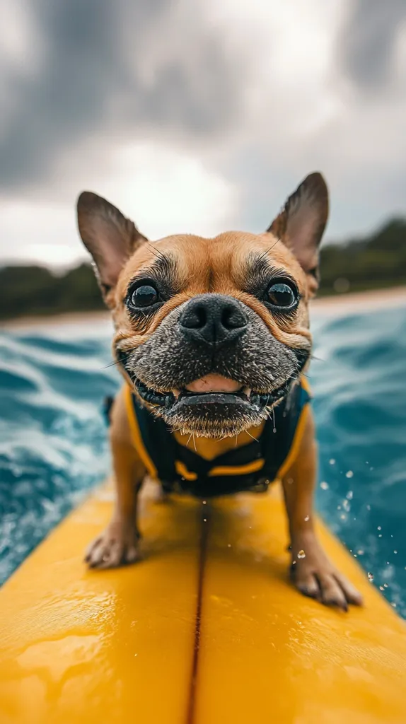 A brown and white French bulldog with a yellow life vest is standing on a yellow surfboard in the ocean. It is looking up at the camera with a happy expression. The dog's paws are on the surfboard, and the water is splashing around it. The sky is cloudy. The image captures a playful moment between a dog and the ocean.