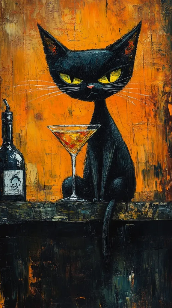 A black cat sits on a bar counter with a glass of liquor and a bottle of wine to its side. The cat looks directly at the viewer with a sly expression. The background is a warm orange color. The image is painted in a stylized, almost cartoonish style, with thick brushstrokes and a textured surface. The overall mood is playful and whimsical, suggesting a cat enjoying a drink at a bar.
