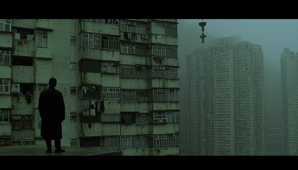 A lone figure in a dark coat stands on a rooftop overlooking a sprawling cityscape. The buildings are densely packed and shrouded in a hazy, green atmosphere.  The image evokes a sense of isolation and mystery. The composition is stark and simple, emphasizing the figure's smallness in the vast urban landscape.
