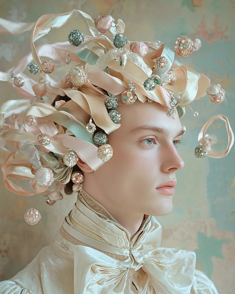 A young person with pale skin and a delicate face is adorned with a whimsical headpiece made of pastel ribbons, pearls, and shimmering spheres. The ornate piece cascades over their head, creating an ethereal and whimsical look. Their white ruffled collar adds to the elegant and sophisticated feel of the portrait.  The background is a soft, textured wall, providing a subtle and elegant backdrop.