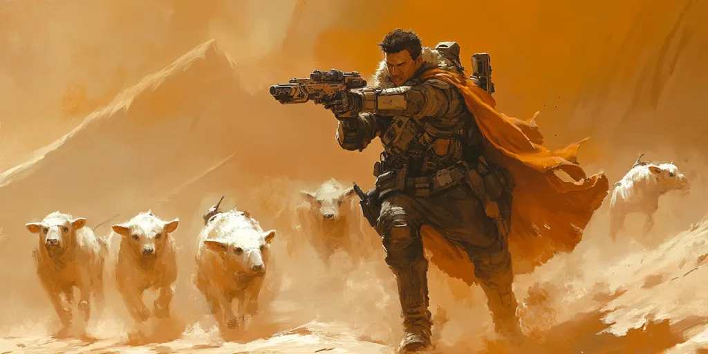 A lone, heavily armed man runs through a desolate, sandy landscape, a long orange cape billowing behind him. He carries a futuristic weapon and is being followed by a pack of white, dog-like creatures. The scene is bathed in warm, orange light.