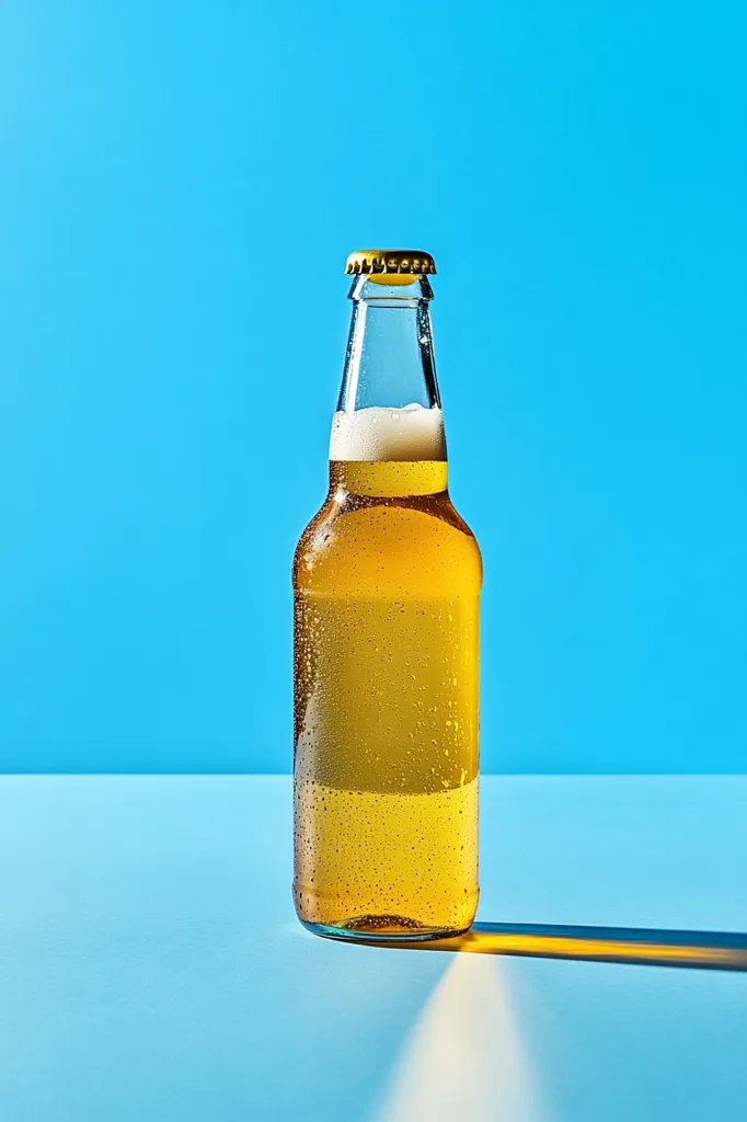 A single bottle of beer with condensation sits on a blue surface, casting a long shadow. The bottle is made of glass with a gold cap and contains a light yellow liquid. The background is a bright, solid blue.