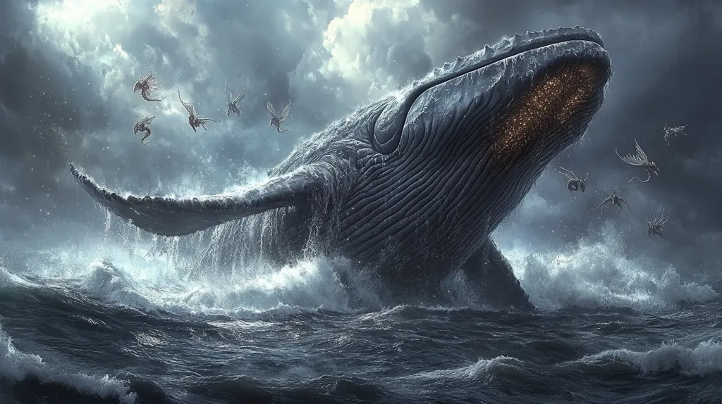 A giant whale emerges from the stormy sea, its mouth agape, revealing a glowing interior. Several small, winged creatures with glowing eyes fly around the whale, seemingly unfazed by its size. The scene is dark and dramatic, with a sense of awe and wonder. The whale's wrinkled skin and the crashing waves add to the realistic feel of the image.