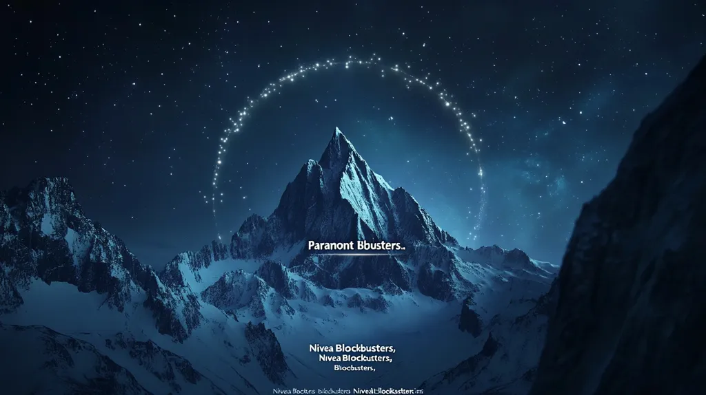 A majestic, snow-capped mountain stands tall against a night sky filled with twinkling stars. A crescent moon, formed by a ring of stars, hangs above the peak. The scene is bathed in a blue glow, creating a sense of tranquility and wonder. The words "Paramont Bbusters" are superimposed on the image, suggesting a connection to entertainment or film.