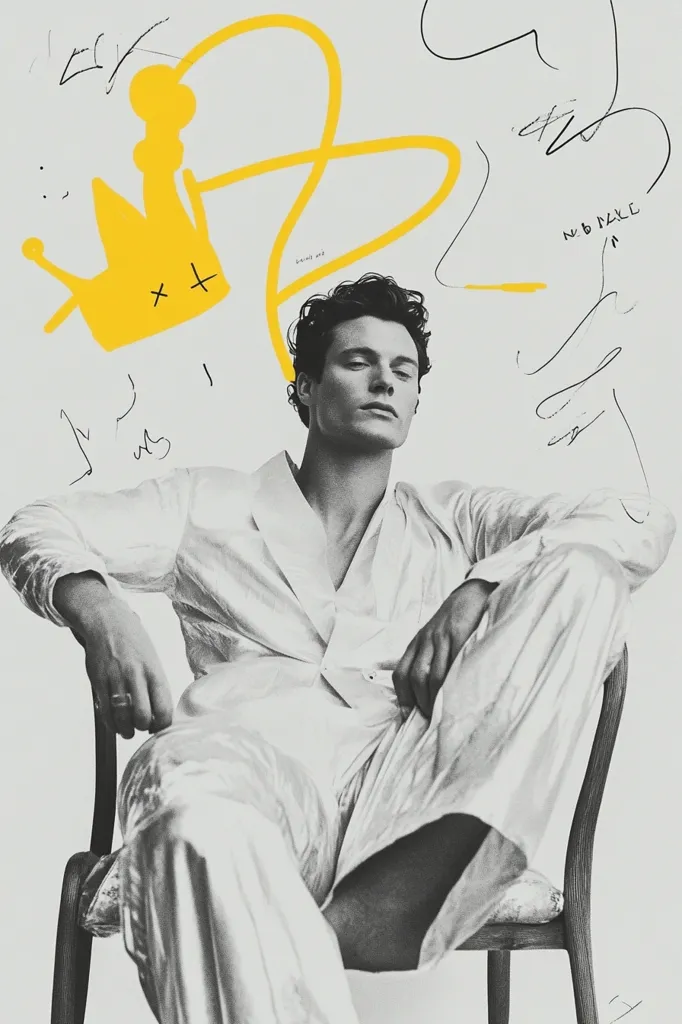 A young man in a white suit sits in a wooden chair, his legs crossed. His face is turned slightly away from the camera, and he appears to be lost in thought. The background features a yellow crown and abstract black lines, creating a visually striking contrast with the grayscale image. The overall mood is one of quiet introspection and contemplation.