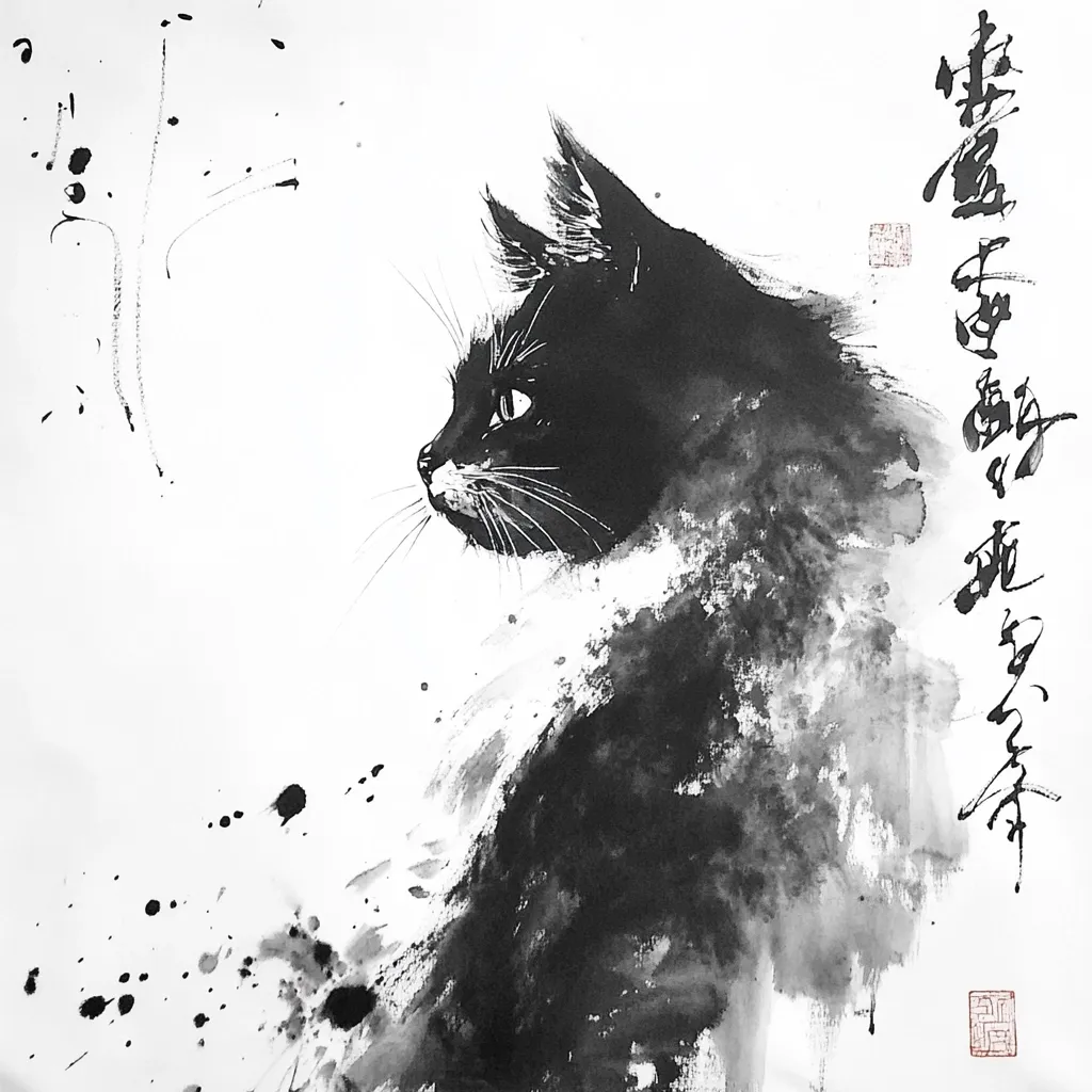 The image is a black and white ink painting of a cat. The cat is depicted in profile, looking to the right. The artist has used a loose, expressive style to capture the cat's form, with splashes of ink adding a sense of movement and energy. The background is mostly white, with a few subtle black brushstrokes. The image has a minimalist feel, highlighting the beauty of the simple forms and the power of ink as a medium.  The image also has a few black dots or splatters of ink on the left side of the image.  On the right side of the image is some Chinese calligraphy, with the seal of the artist.